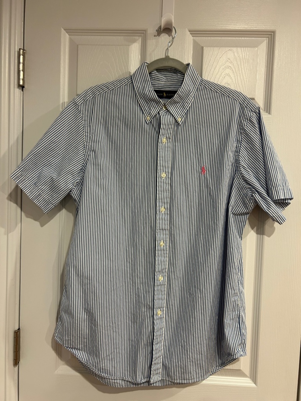 Ralph Lauren Women’s Blue and White Striped Short-Sleeve Button-Down Shirt